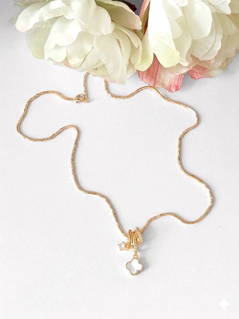 14K Gold Plated MoP Clover Necklace | CZ Pavé Rings & Crystal Charm - Picture 5 of 12